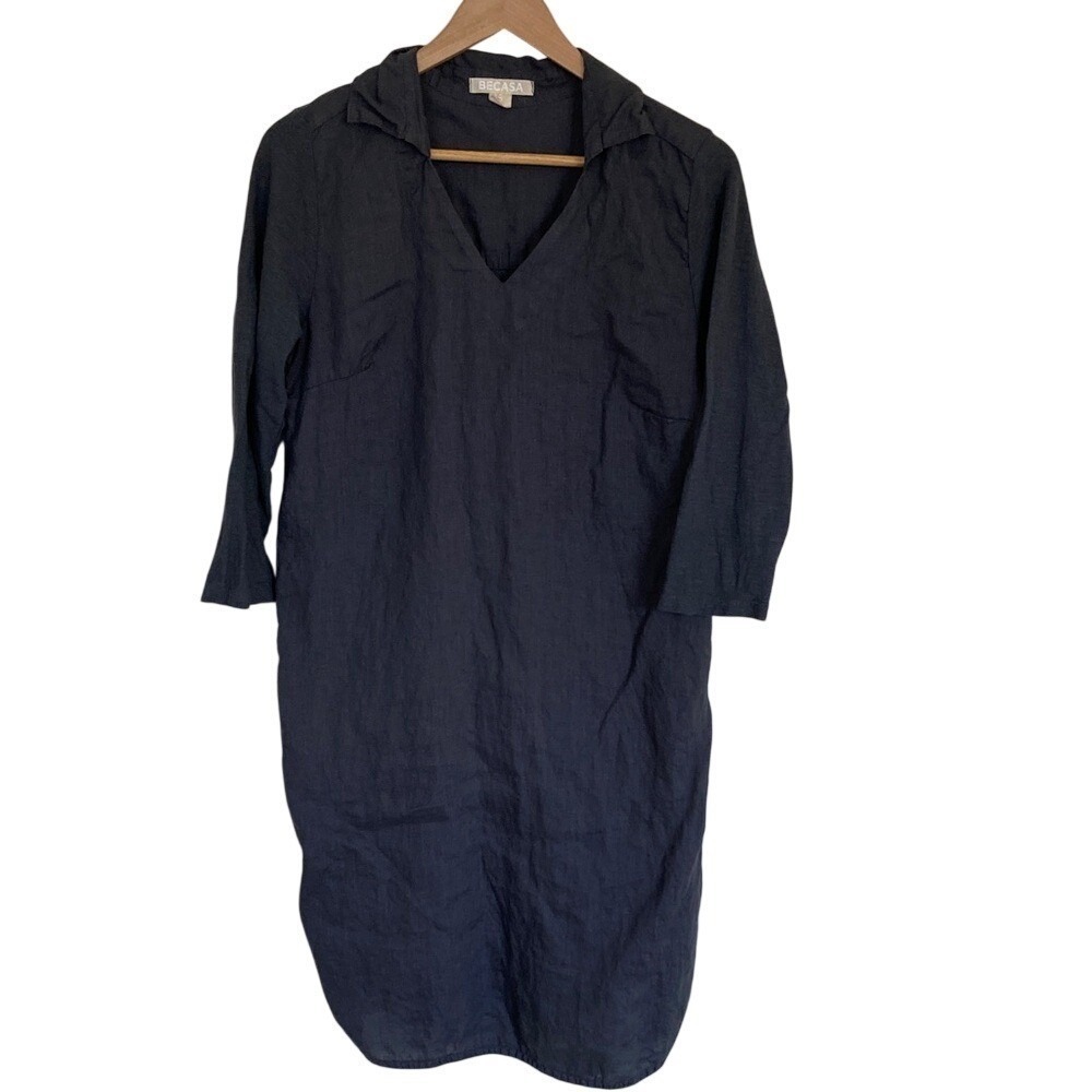BECASA Women's Dark‎ Slate V-Neck Cotton Linen Tunic Dress Size Small Minimalist